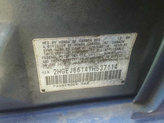 2HGEJ6614YH537114 - 2000 HONDA CIVIC BASE BLUE photo 10