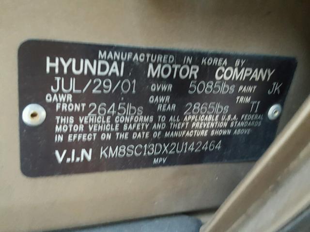 KM8SC13DX2U142464 - 2002 HYUNDAI SANTA FE G GOLD photo 10