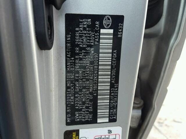 4T1BE32K04U890097 - 2004 TOYOTA CAMRY LE SILVER photo 10