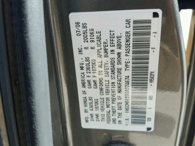 1HGCM66596A074674 - 2006 HONDA ACCORD EX GRAY photo 10