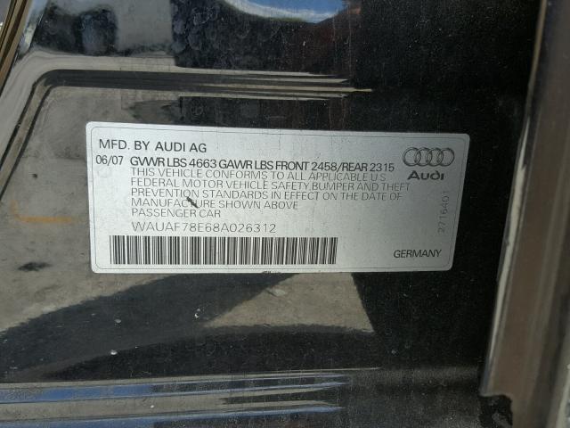 WAUAF78E68A026312 - 2008 AUDI A4 2.0T BLACK photo 10