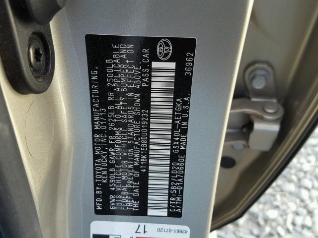 4T1BK1EB8DU019232 - 2013 TOYOTA AVALON BAS SILVER photo 10