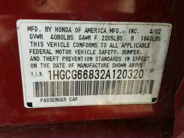 1HGCG66832A120320 - 2002 HONDA ACCORD EX MAROON photo 10