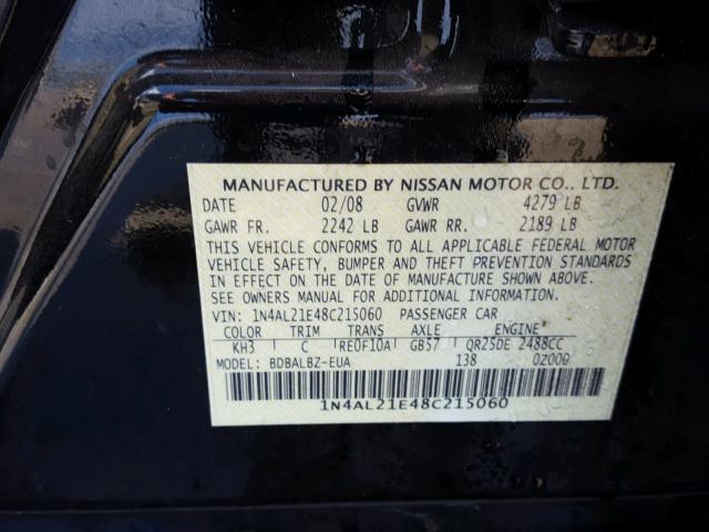 1N4AL21E48C215060 - 2008 NISSAN ALTIMA 2.5 BLACK photo 10