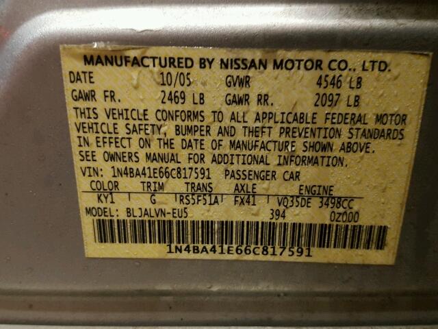 1N4BA41E66C817591 - 2006 NISSAN MAXIMA SE SILVER photo 10