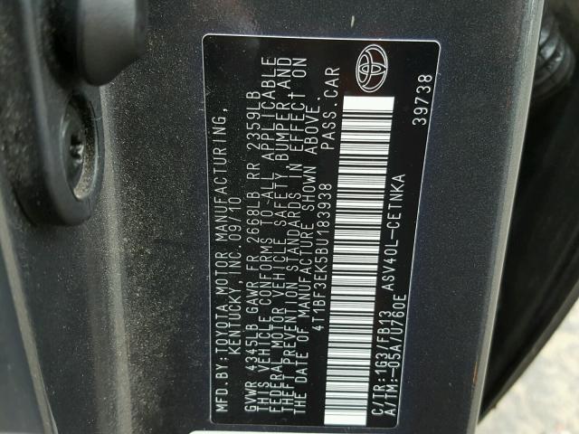 4T1BF3EK5BU183938 - 2011 TOYOTA CAMRY BASE CHARCOAL photo 10