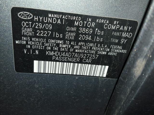 KMHDU4AD7AU927257 - 2010 HYUNDAI ELANTRA BL GRAY photo 10