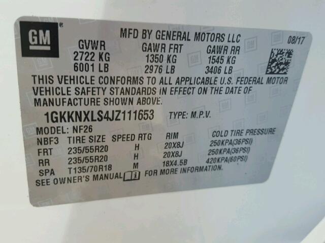 1GKKNXLS4JZ111653 - 2018 GMC ACADIA DEN WHITE photo 10