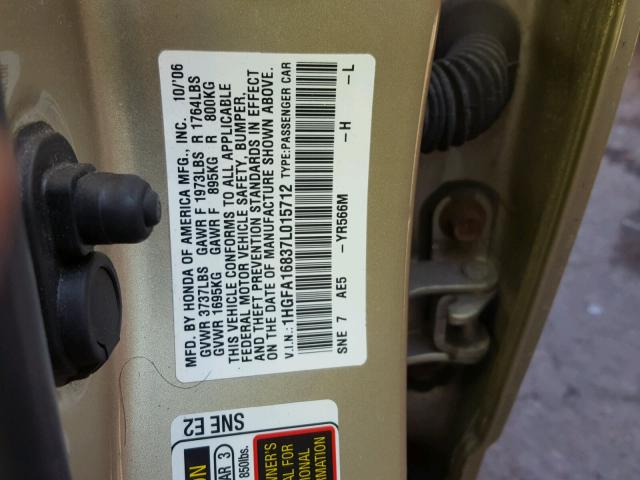 1HGFA16837L015712 - 2007 HONDA CIVIC EX ოქროსფერი ფოტო 10