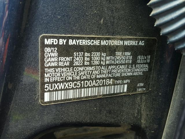 5UXWX9C51D0A20184 - 2013 BMW X3 XDRIVE2 BLUE photo 10