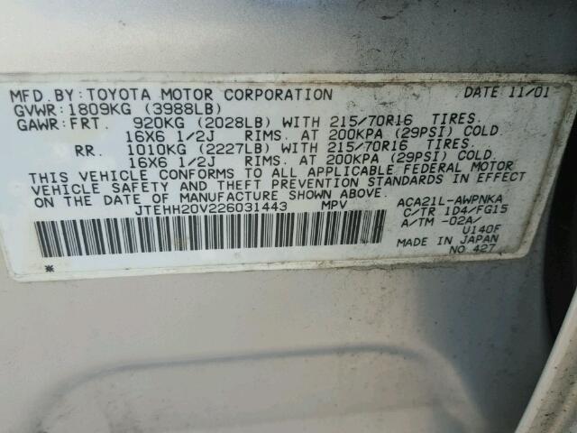 JTEHH20V226031443 - 2002 TOYOTA RAV4 SILVER photo 10