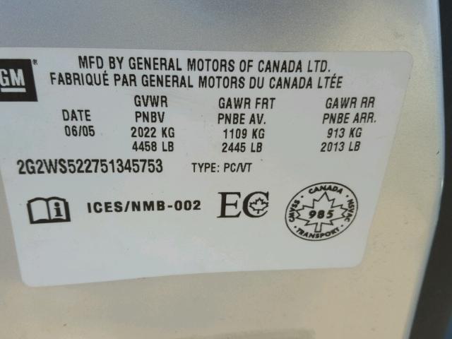 2G2WS522751345753 - 2005 PONTIAC GRAND PRIX SILVER photo 10