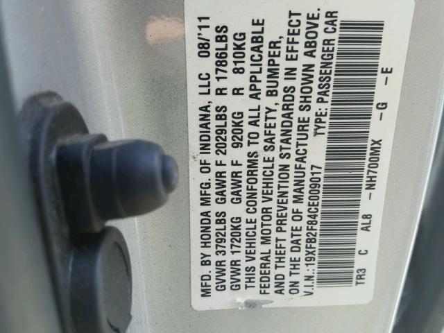 19XFB2F84CE009017 - 2012 HONDA CIVIC EX ვერცხლისფერი ფოტო 10