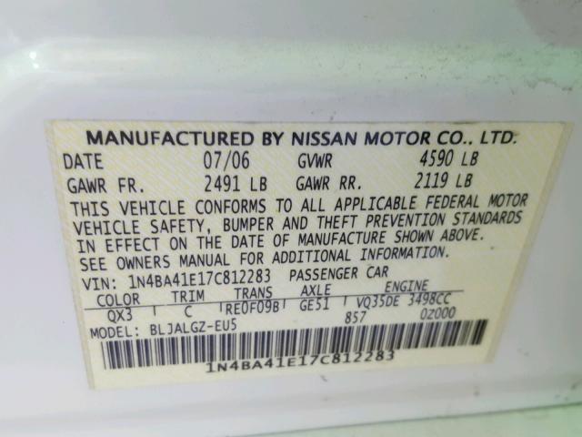 1N4BA41E17C812283 - 2007 NISSAN MAXIMA SE WHITE photo 10