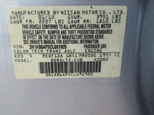 3N1AB6APXCL691920 - 2012 NISSAN SENTRA 2.0 SILVER photo 10