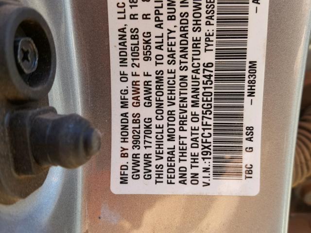 19XFC1F75GE015476 - 2016 HONDA CIVIC EXL SILVER photo 10
