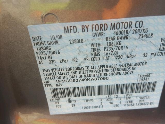 1FMCU93749KA87090 - 2009 FORD ESCAPE XLT GRAY photo 10