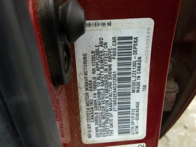 2T1BR32E04C312551 - 2004 TOYOTA COROLLA CE RED photo 10