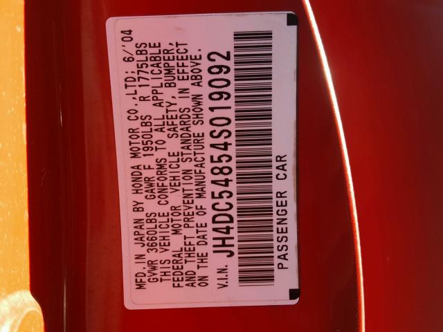 JH4DC54854S019092 - 2004 ACURA RSX RED photo 10