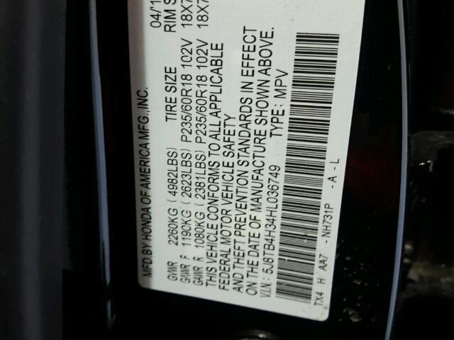 5J8TB4H34HL036749 - 2017 ACURA RDX BASE BLACK photo 10