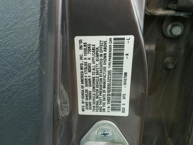 1HGES16355L022395 - 2005 HONDA CIVIC DX V GRAY photo 10