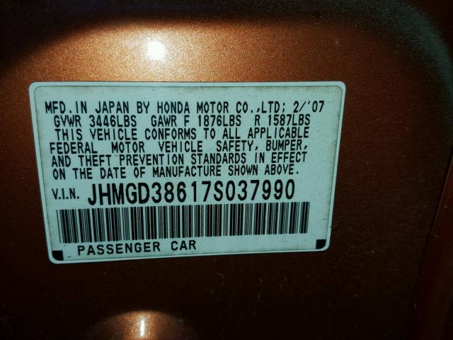 JHMGD38617S037990 - 2007 HONDA FIT S ORANGE photo 10