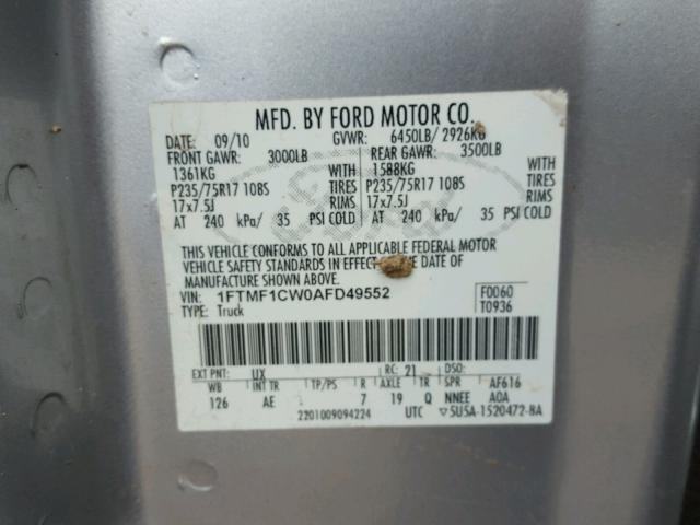 1FTMF1CW0AFD49552 - 2010 FORD F150 SILVER photo 10