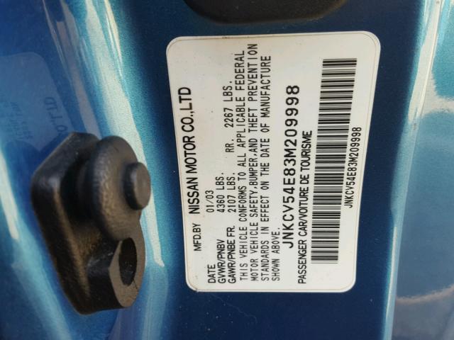 JNKCV54E83M209998 - 2003 INFINITI G35 BLUE photo 10