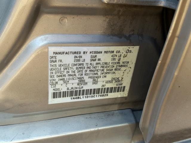 1N4BL11D15C174825 - 2005 NISSAN ALTIMA SE GOLD photo 10