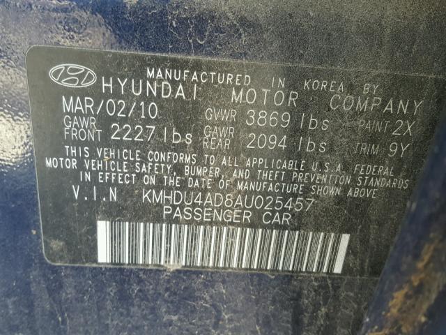 KMHDU4AD8AU025457 - 2010 HYUNDAI ELANTRA BL BLUE photo 10