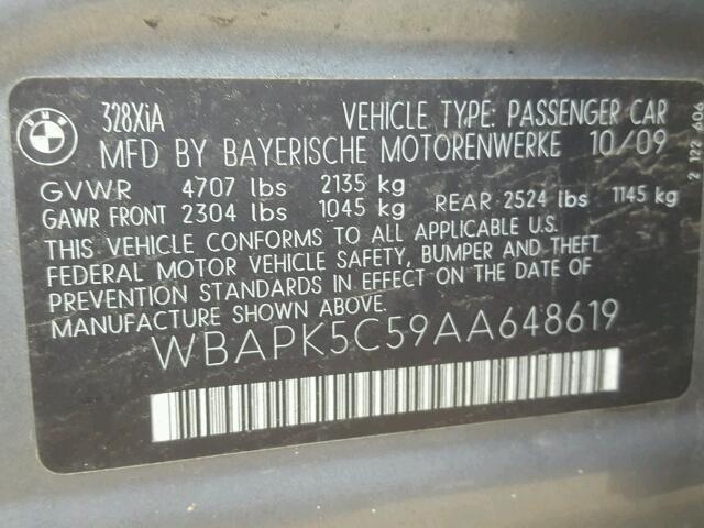 WBAPK5C59AA648619 - 2010 BMW 328 XI SUL GRAY photo 10