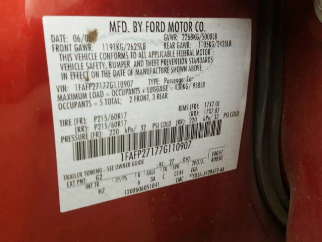 1FAFP27177G110907 - 2007 FORD FIVE HUNDR RED photo 10