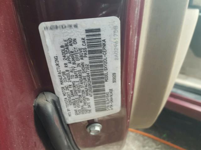 4T1BG22K2WU847162 - 1998 TOYOTA CAMRY CE MAROON photo 10