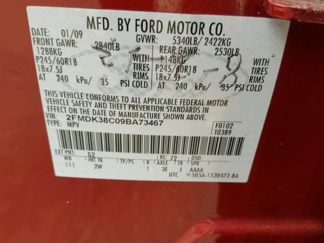 2FMDK38C09BA73467 - 2009 FORD EDGE SEL RED photo 10