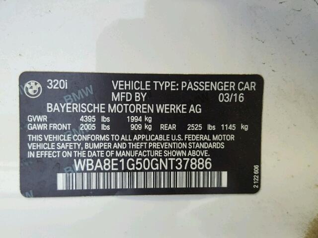 WBA8E1G50GNT37886 - 2016 BMW 320 I WHITE photo 10