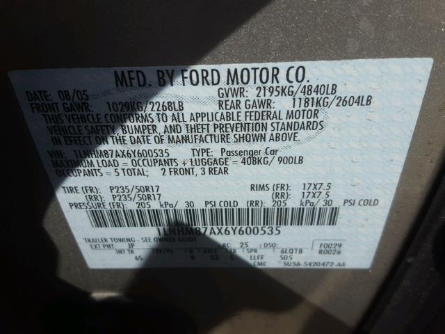 1LNHM87AX6Y600535 - 2006 LINCOLN LS 灰色 照片 10