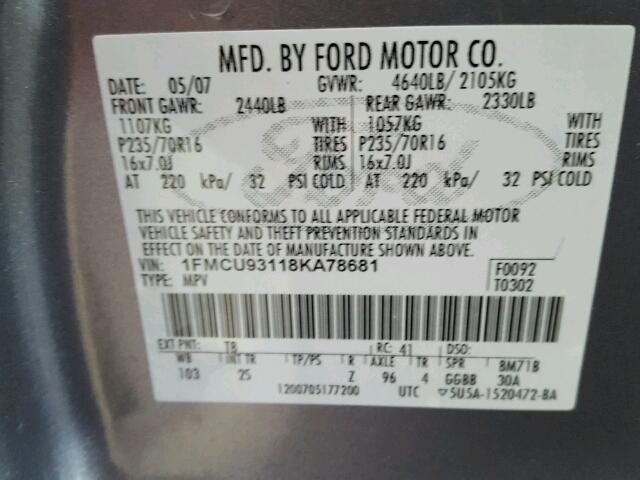 1FMCU93118KA78681 - 2008 FORD ESCAPE XLT GRAY photo 10