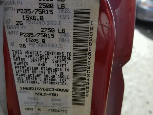 1N6SD16Y6SC340090 - 1995 NISSAN TRUCK KING RED photo 10