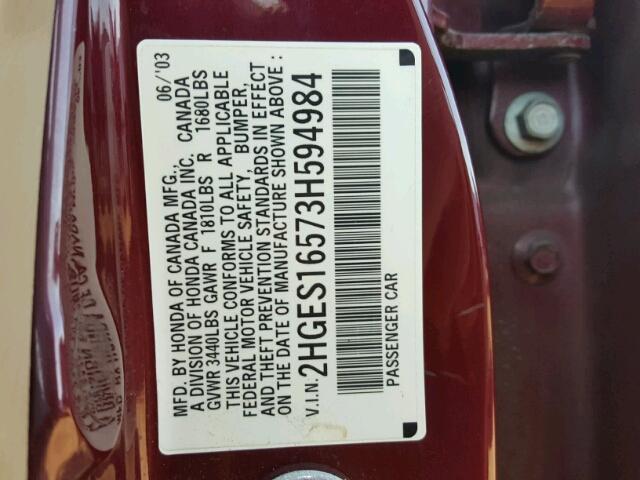 2HGES16573H594984 - 2003 HONDA CIVIC LX MAROON photo 10