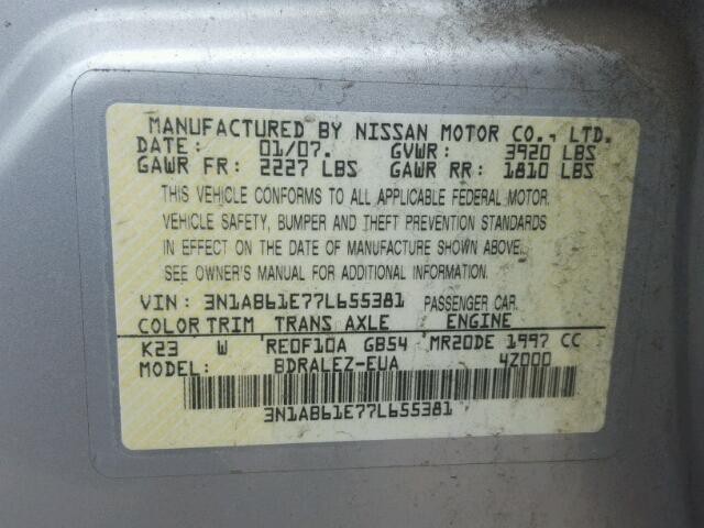 3N1AB61E77L655381 - 2007 NISSAN SENTRA 2.0 SILVER photo 10