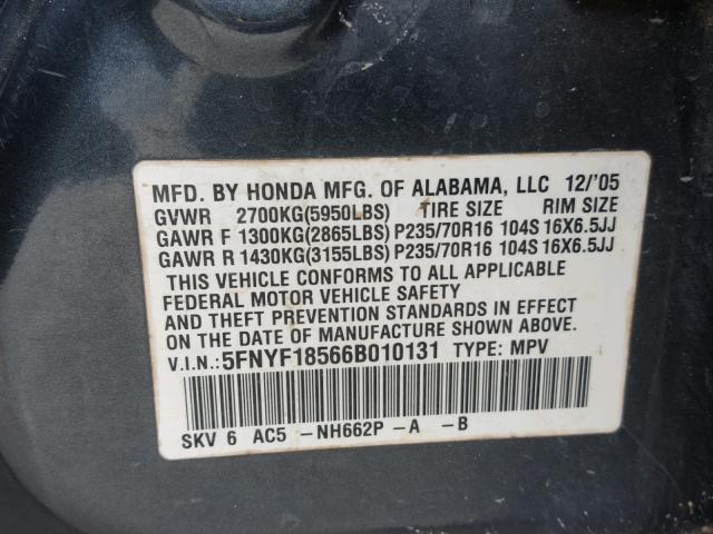 5FNYF18566B010131 - 2006 HONDA PILOT EX GRAY photo 10