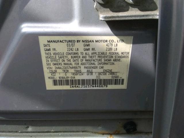 1N4AL21E57N446679 - 2007 NISSAN ALTIMA 2.5 SILVER photo 10