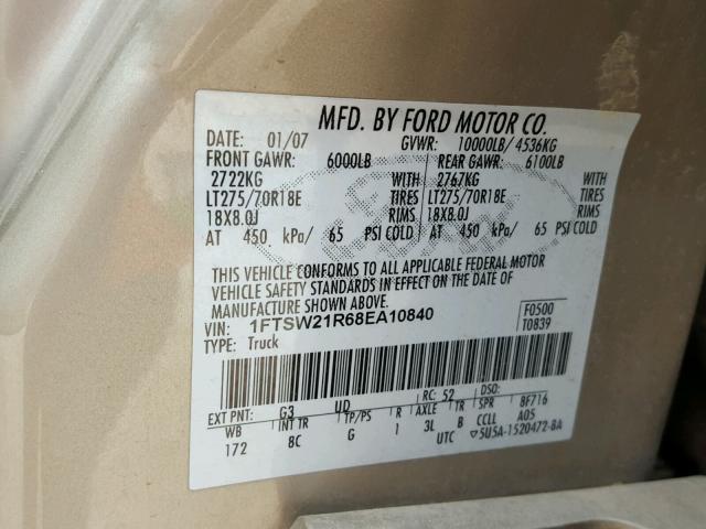 1FTSW21R68EA10840 - 2008 FORD F250 SUPER GOLD photo 10