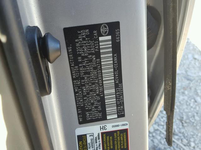 4T1BE46K89U914718 - 2009 TOYOTA CAMRY BASE SILVER photo 10