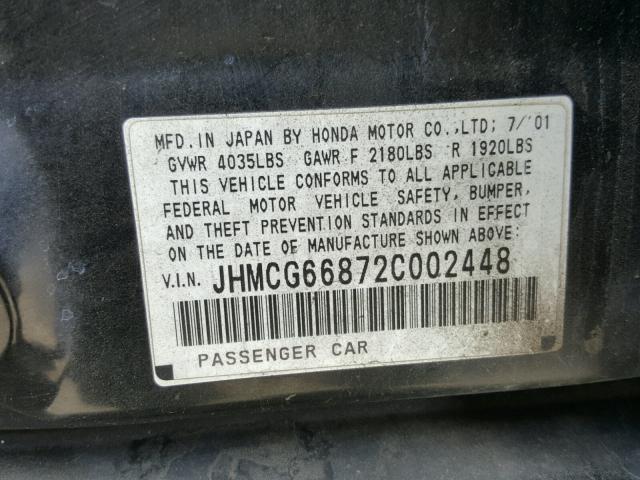 JHMCG66872C002448 - 2002 HONDA ACCORD EX BLACK photo 10