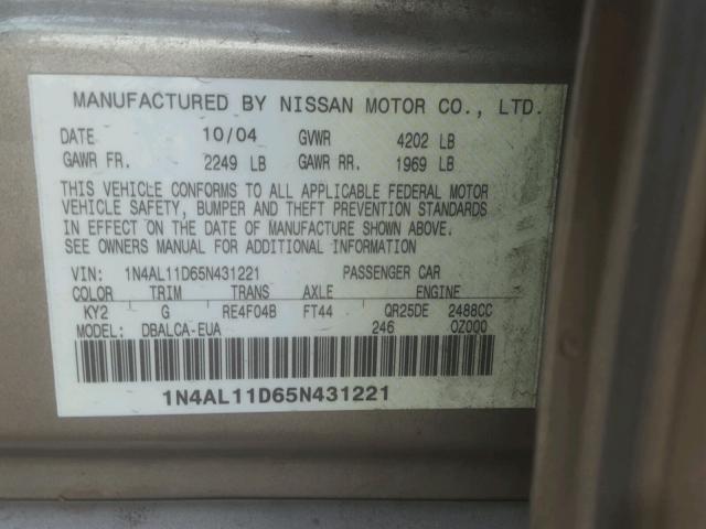 1N4AL11D65N431221 - 2005 NISSAN ALTIMA S GOLD photo 10