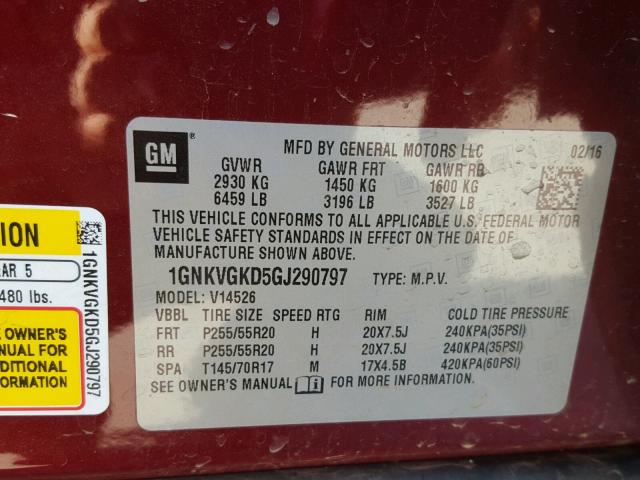 1GNKVGKD5GJ290797 - 2016 CHEVROLET TRAVERSE L RED photo 10