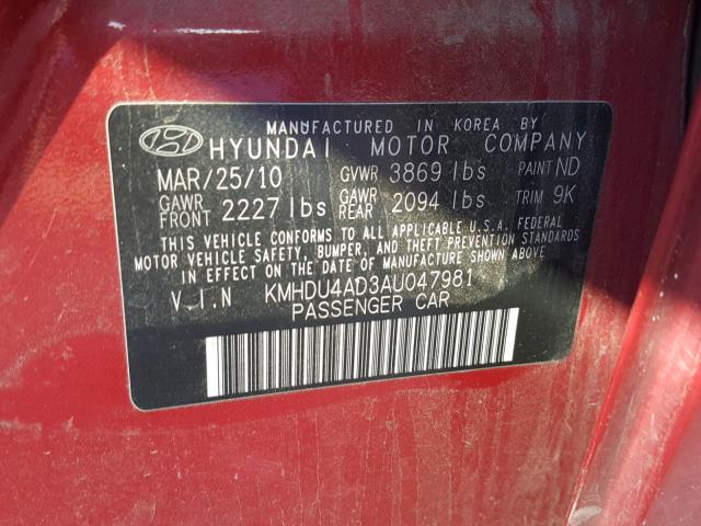 KMHDU4AD3AU047981 - 2010 HYUNDAI ELANTRA BL RED photo 10