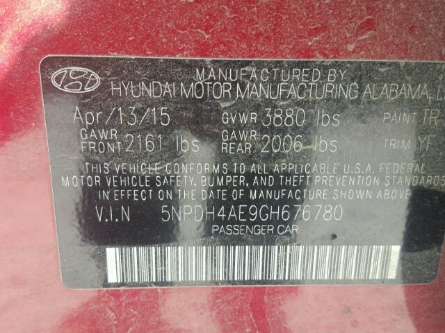 5NPDH4AE9GH676780 - 2016 HYUNDAI ELANTRA SE RED photo 10