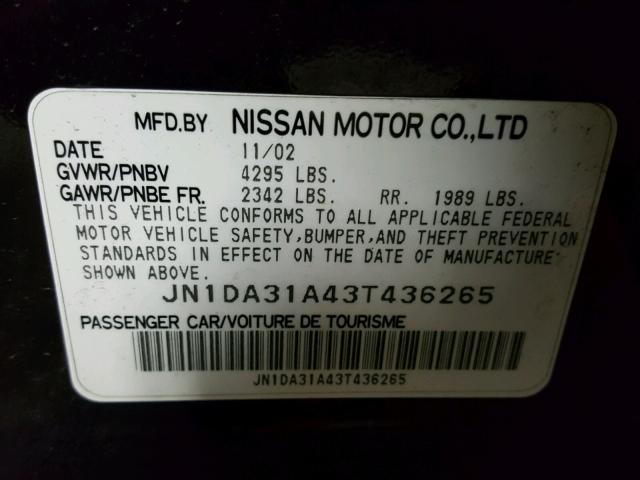 JN1DA31A43T436265 - 2003 NISSAN MAXIMA GLE BLACK photo 10